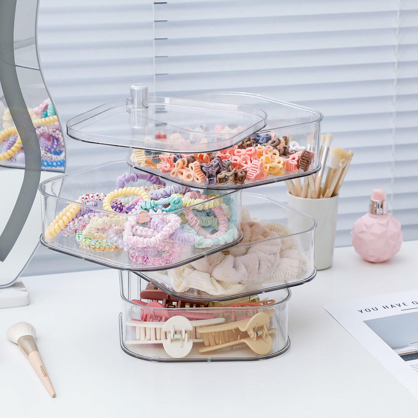 FABROK 4-Layer Girls Hair Tie Organizer, Rotating Hair Accessories Storage Holder for Vanity and Bathroom, Clear Plastic Container for Women Makeup Tools, Skincare Products