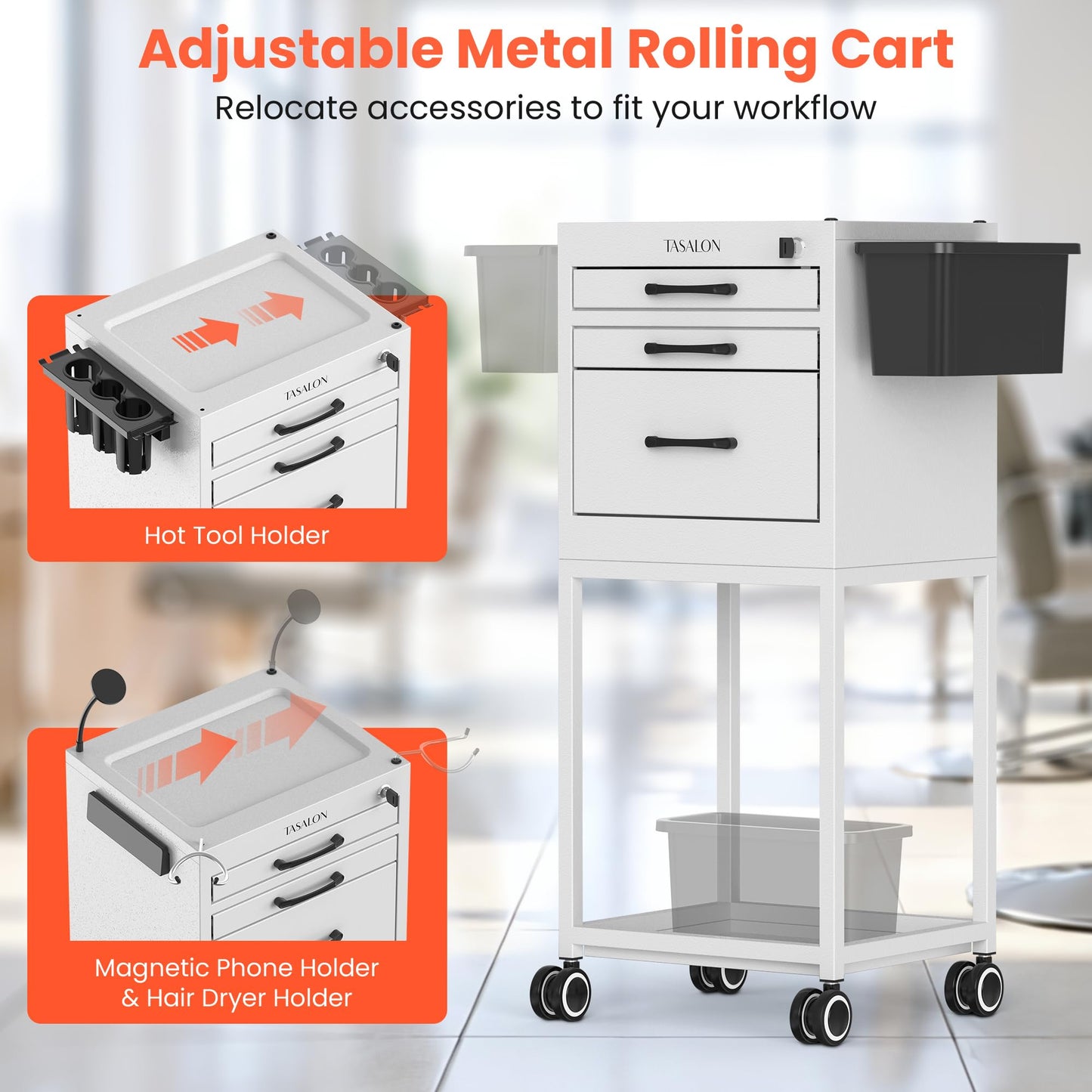 TASALON Salon Trolley Cart with Wheels, Lockable Metal Rolling Cart with Drawers, Magnetic Bowls & Phone Holder, Mobile Storage Organizer for Hair Stylist, Barber & Tattoo Supplies, White