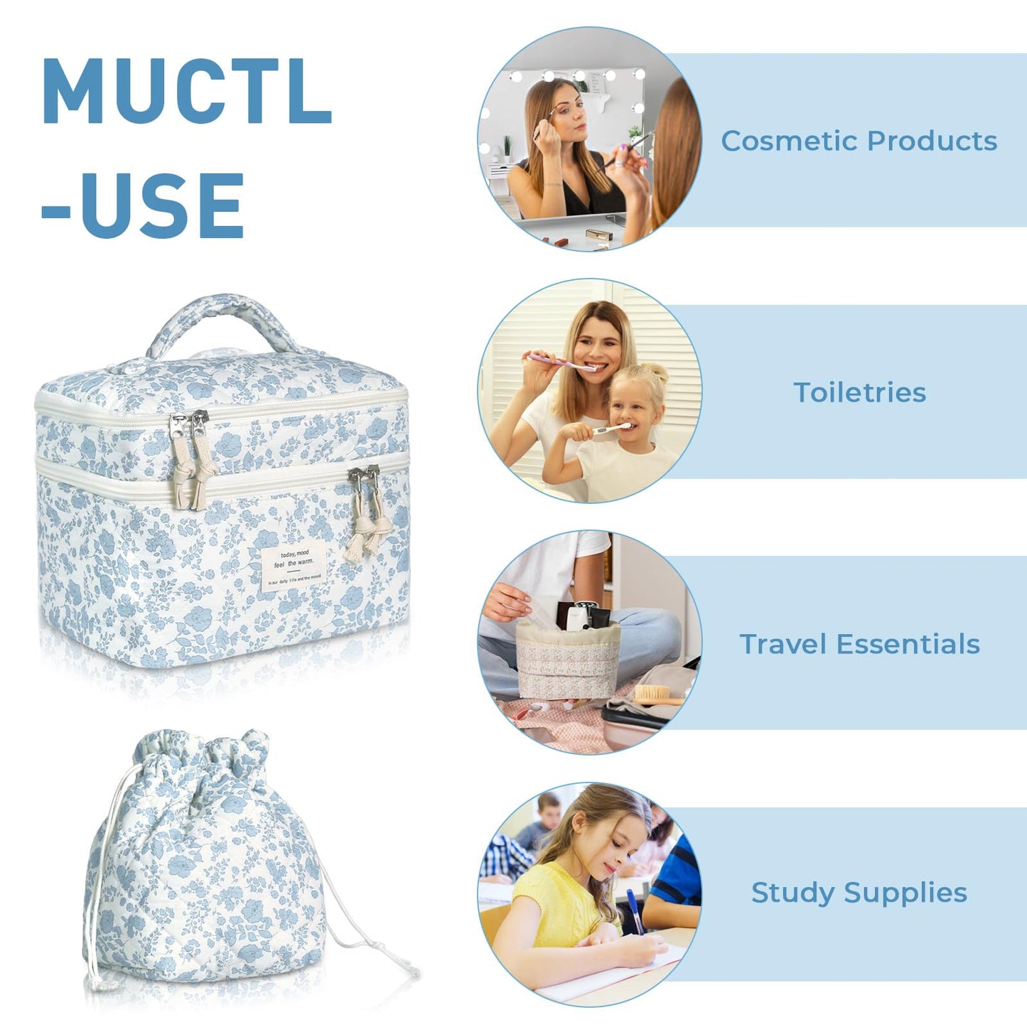 Gosect Makeup Bag, 2pc Quilted Cosmetic Bag Set, Drawstring Makeup Bag with Canvas Lining + Large Floral Toiletry Bag for Women Girls, Cute Cotton Flower Travel Organizer Bag (Blue Flowers