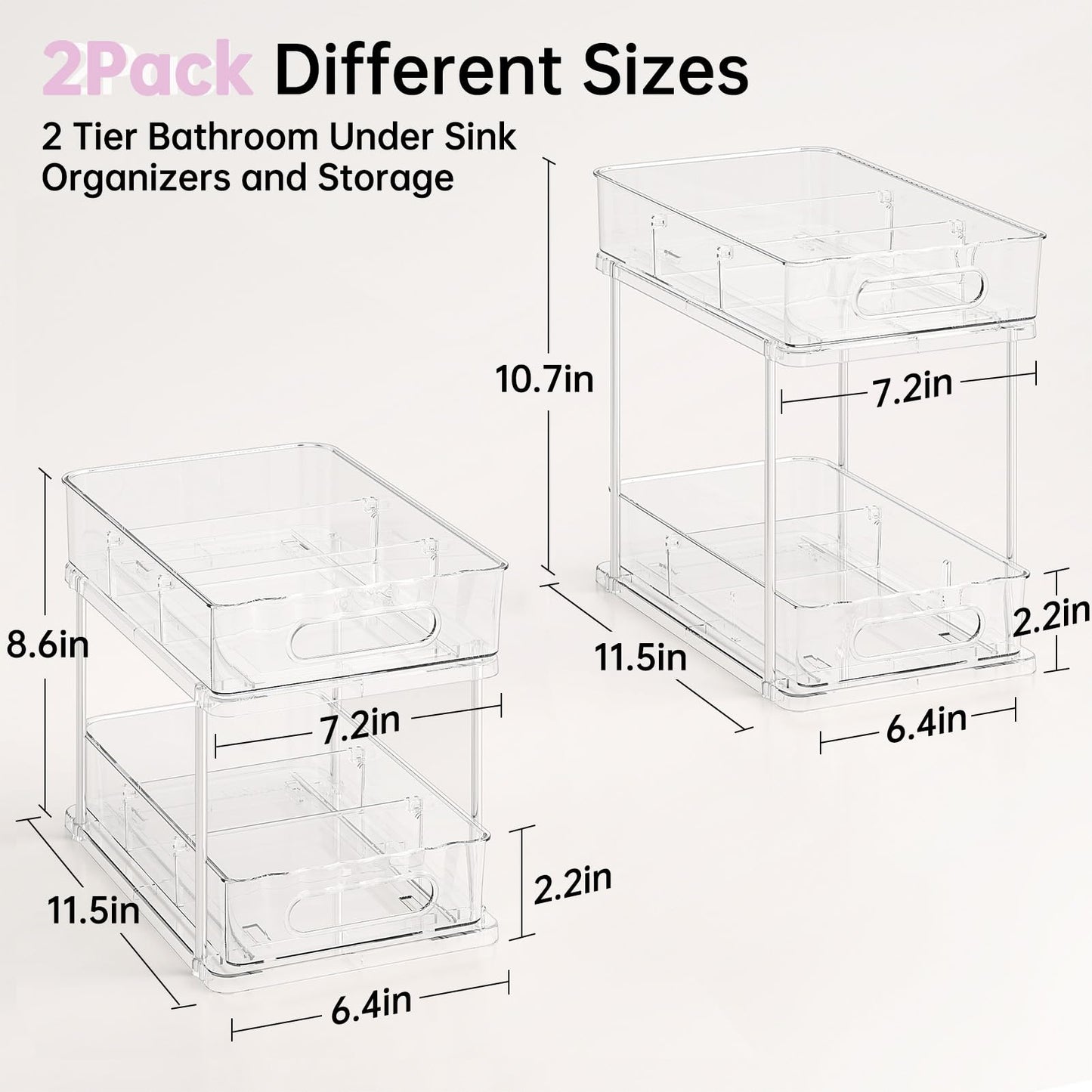 Delamu 2 Tier Under Sink Organizer Bathroom, Bathroom Cabinet Organizer with Snap-Lock Design and Hooks, Pull Out Storage with Movable Dividers, for Countertop, Kitchen and Pantry (Clear, 2 Pack)