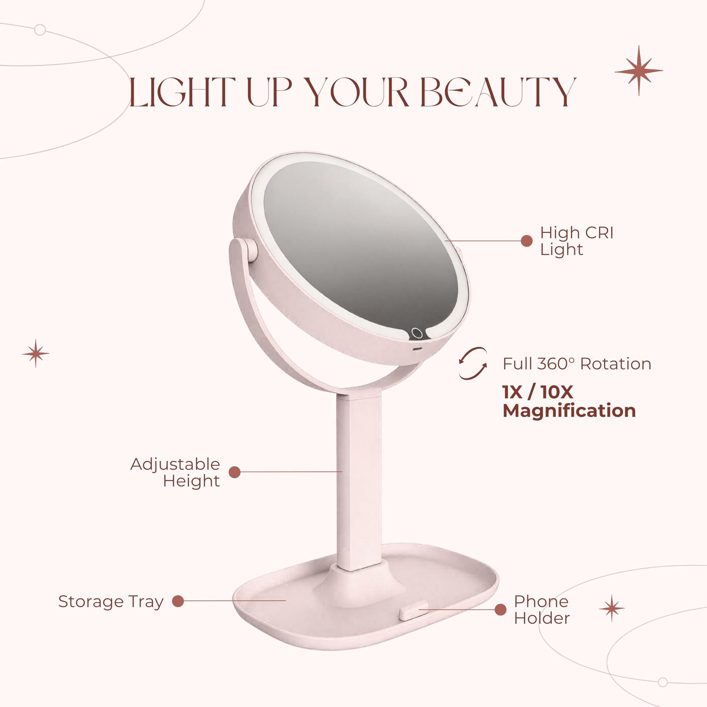 DYMOND Makeup Mirror with Lights, 1X/10X Double Sided Magnifying Mirror with Lights for Vanity Makeup Height Adjustable with Phone Holder Tray, Rechargeable with 3 Colors Dimmable, Pink