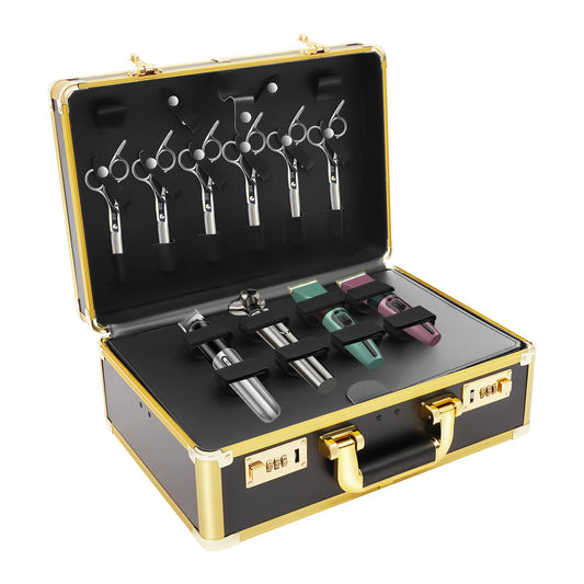Macahimia Hairdressing Train Case, 15.74x6.49x10.82in Professional Cosmetic Case Organizer with 2 Password locks, Portable Makeup Storage Box, Safety Scissors Hole, Practical Handle