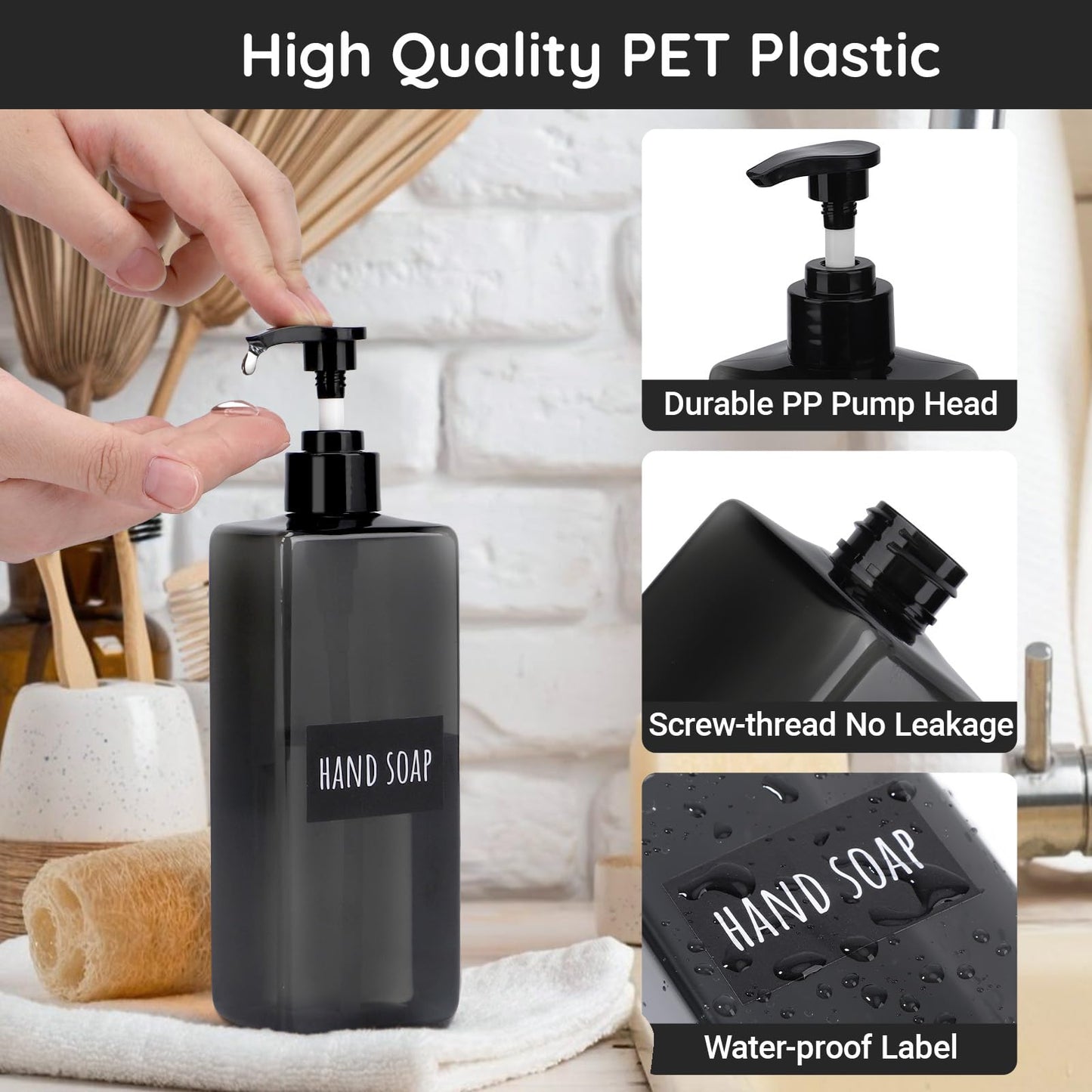 Segbeauty 16.9oz Shampoo Container, 3pcs Pump Press Dispenser with Labels, 500ml Empty Plastic Refillable Lotion Body Soap Liquid Kitchen Soap Dispensers, Gray Bathroom Shower Containers for Women