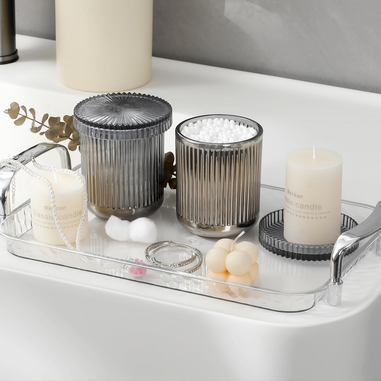 rejomiik 2 Pack Glass Qtip Holder Dispenser, Bathroom Canister Apothecary Jars with Lids, Vanity Makeup Accessories Storage Organizer for Cotton Swabs, Cotton Balls, Pads, Floss Picks, Gray