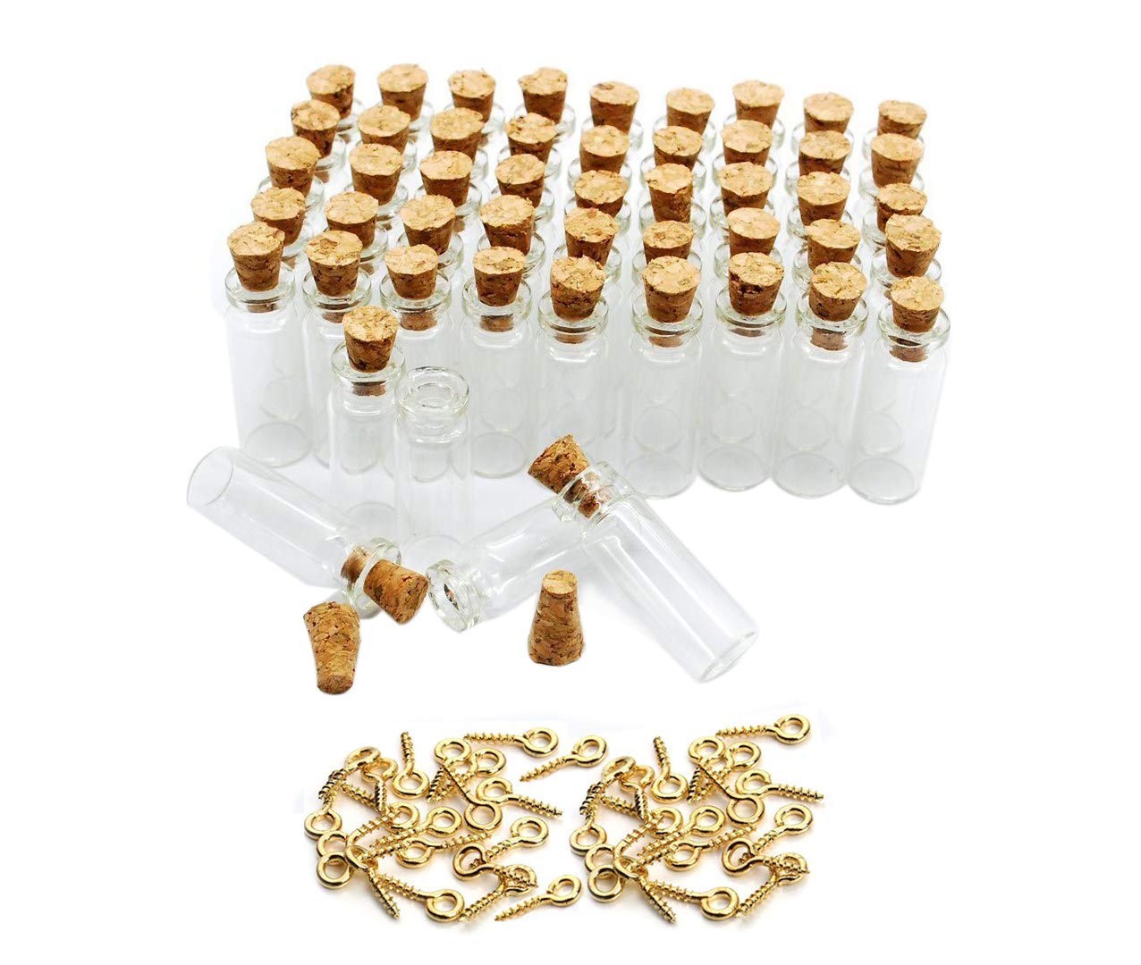 1ML Small Mini Tall Clear Glass Bottles/Jars with Corks Stoppers for Arts & Crafts, Projects, Decoration, Party Favors+ Gold Metal Eye Hook Pin Screws,200 Pcs
