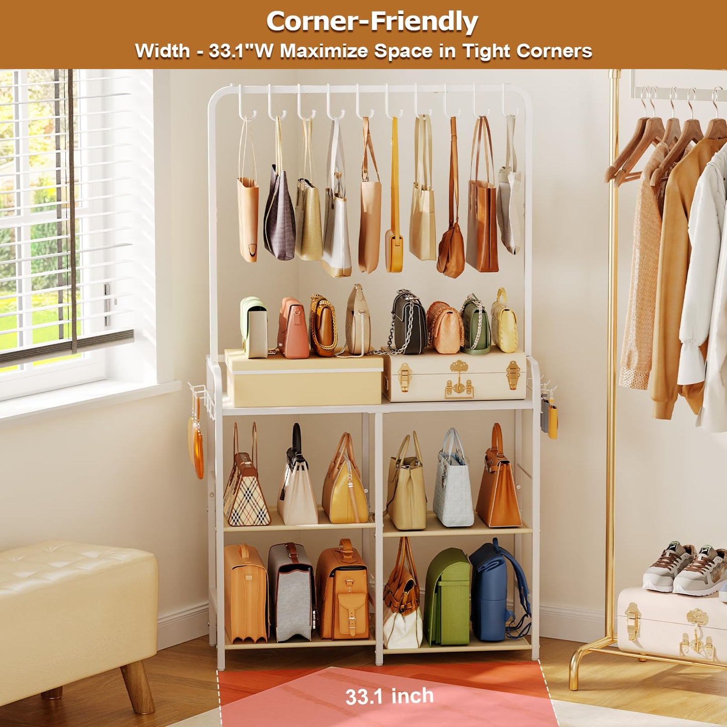 Large Purse Organizer for women with 10 Purse Hanger, 3-Tier Double Row Purse Rack Stand with 6 Side Hooks for Purse Storage, Space Saving Floor-Standing Handbag Organizer for Closet & Narrow Spaces