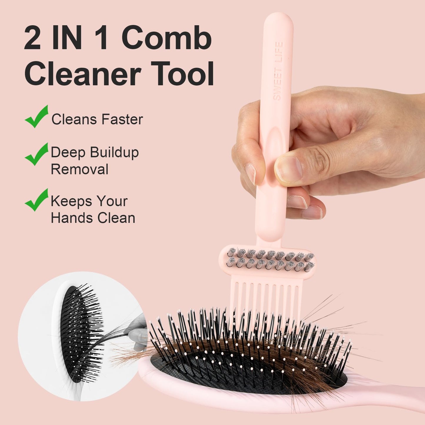 RHOS 2-in-1 Hair Brush Cleaner and Remover Tool - Comb for Removing Hair and Dust, Suitable for Home and Salon Use (1 Pack - Pink)