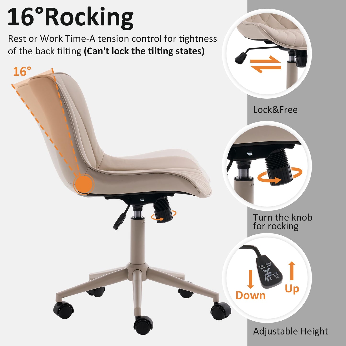 YOUTASTE All Cream Office Chair, Modern Armless Desk Chair with Back, Adjustable Swivel Rolling Faux Leather Task Chair with Wheels Metal Base for Home Office, Study, or Vanity