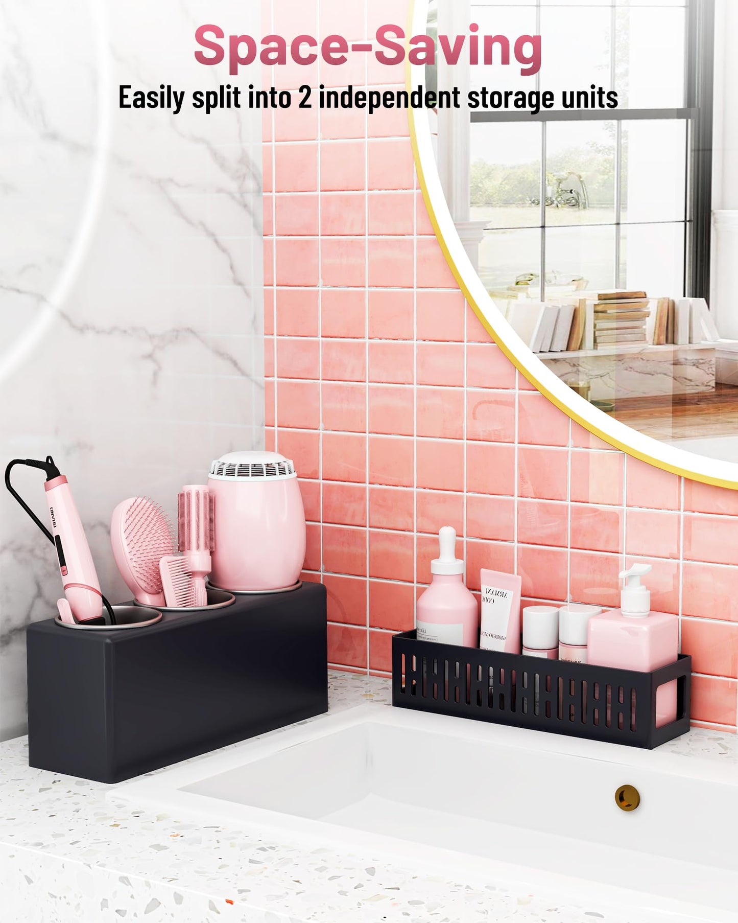 LATTYSY Hair Tool Organizer, Detachable Hair Dryer Holder with 3 Stainless Steel Cups, Wall Mounted Bathroom Organizers and Storage for Accessories, Curling Irons, Straighteners, Toiletries, Makeup