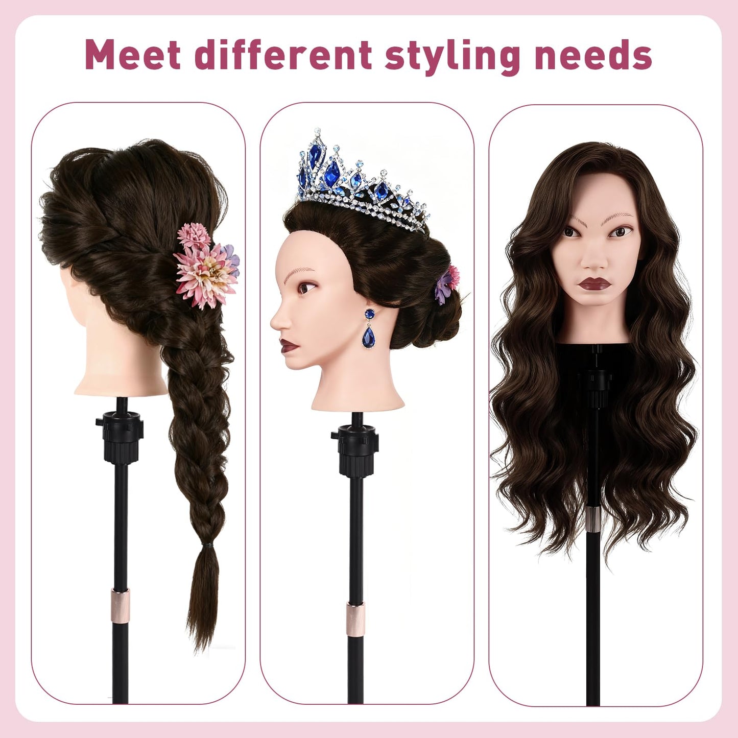 Mannequin Head with 90% Human Real Long Hair, Cenoz 26" Hairdresser Cosmetology Training Head with Stand and Tool, Manikin Training Practice Head, Doll Head for Hair Styling Braiding DIY（Dark Brown）