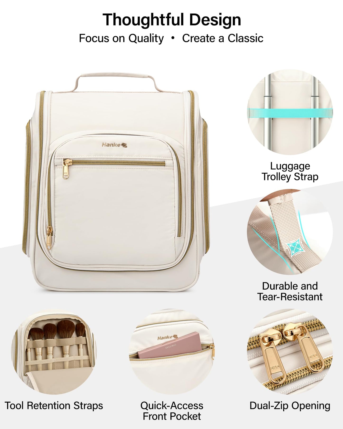 Hanke Hanging Travel Toiletry Bag for Men and Women, Water-Resistant Toiletries Bag Makeup Organizer with Hook, Cosmetic Bag for Bathroom & Travel Essentials Accessories, Off White