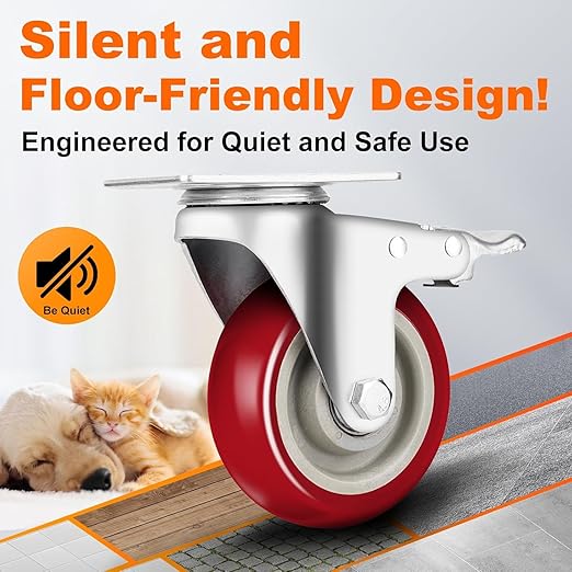Caster Wheels 2 Inch, Heavy Duty Caster Wheels Set of 4, Swivel Castor Wheels with Dual Locking Brakes, Silent Polyurethane (PU), 360° Rotation, for Furniture and Workbench, Load 600lbs