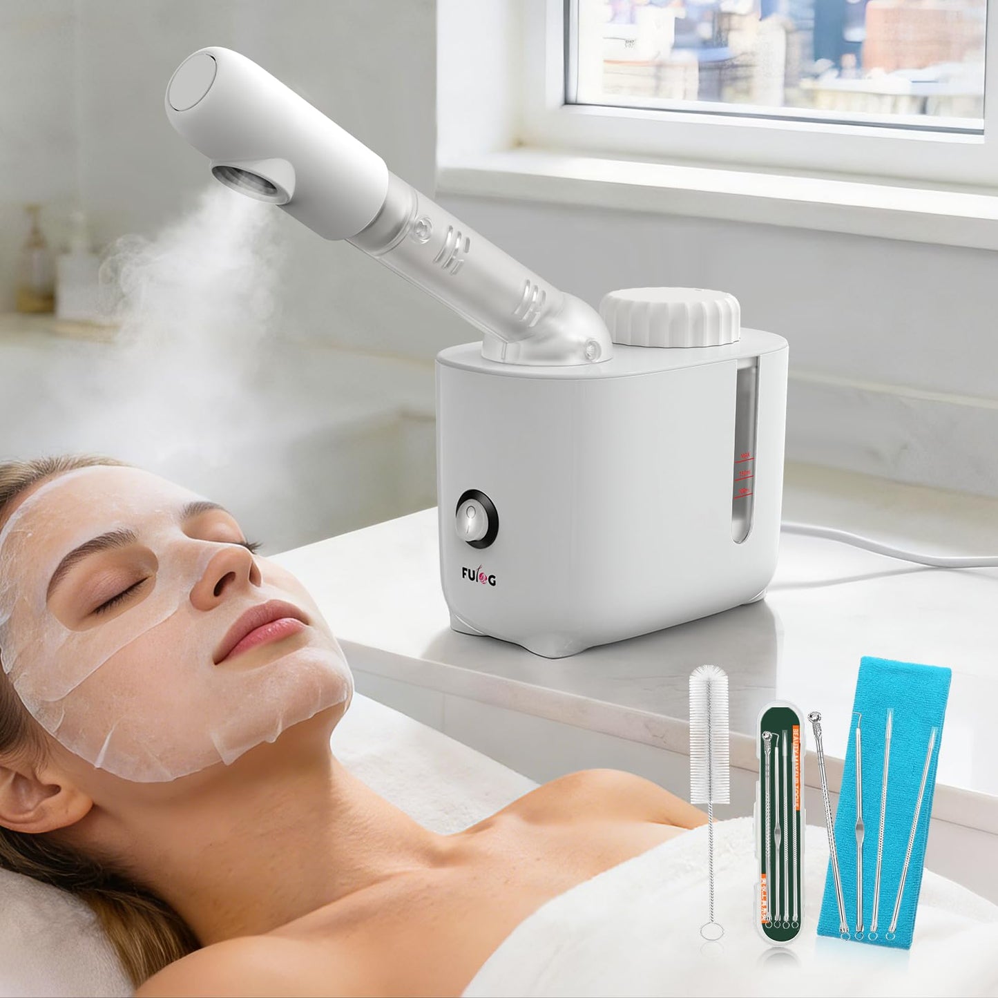 Fulog Facial Steamer Nano Ionic Face Steamer with 360° Rotating Arm, Esthetician Facial Steamer for Deep Cleaning, Portable Spa Facial Machine for Home Salon