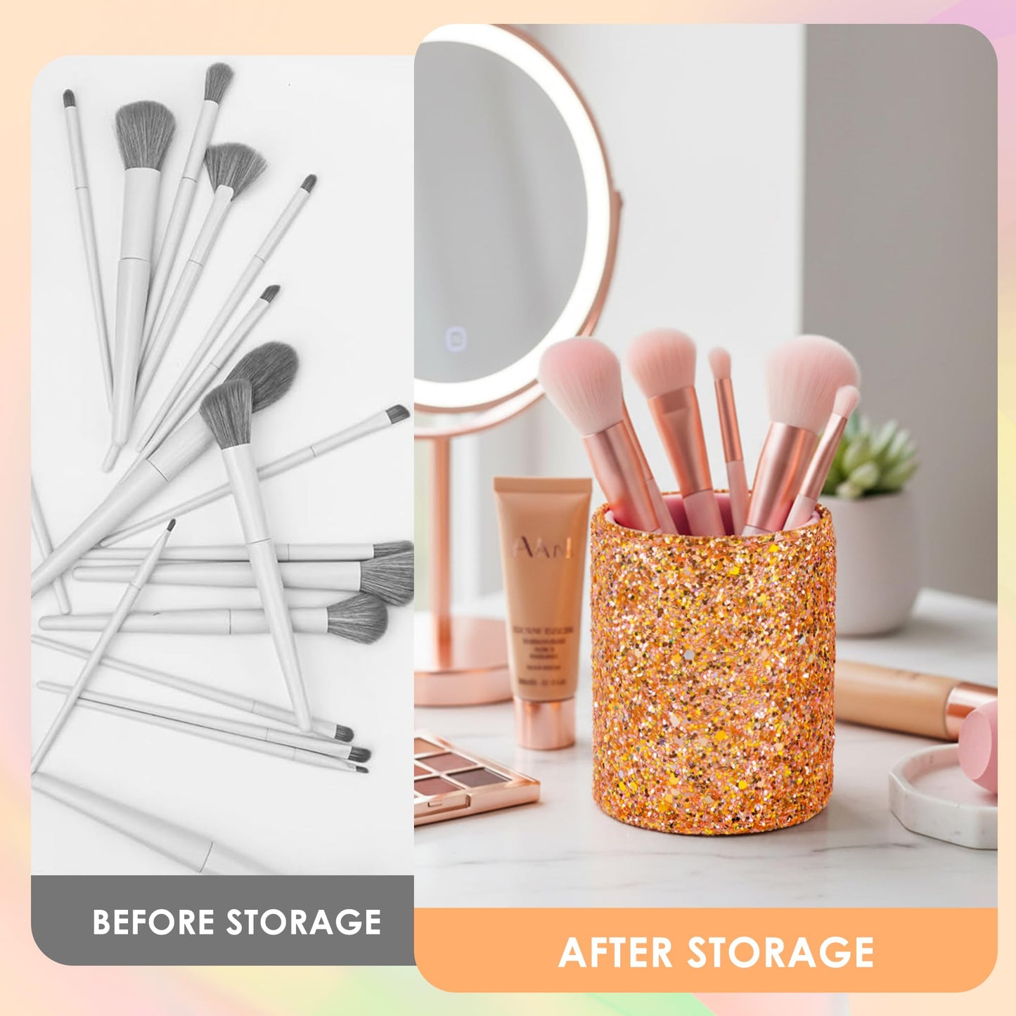 Biiange 2Pcs Pink Glitter Makeup Brush Cups – Desk or Vanity Containers for Brushes, Eyebrow Pencils, Eyeliner, Lip Tools and More (Orange)