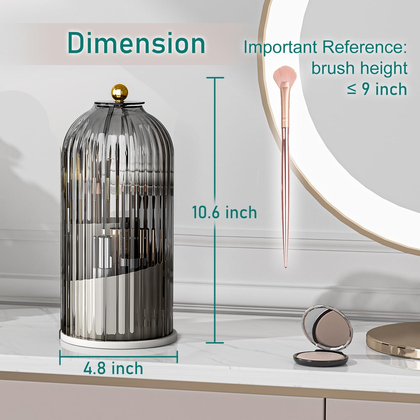 GAXmi Makeup Brush Holder with Lid Rotating Cosmetic Tools Organizer, Grey