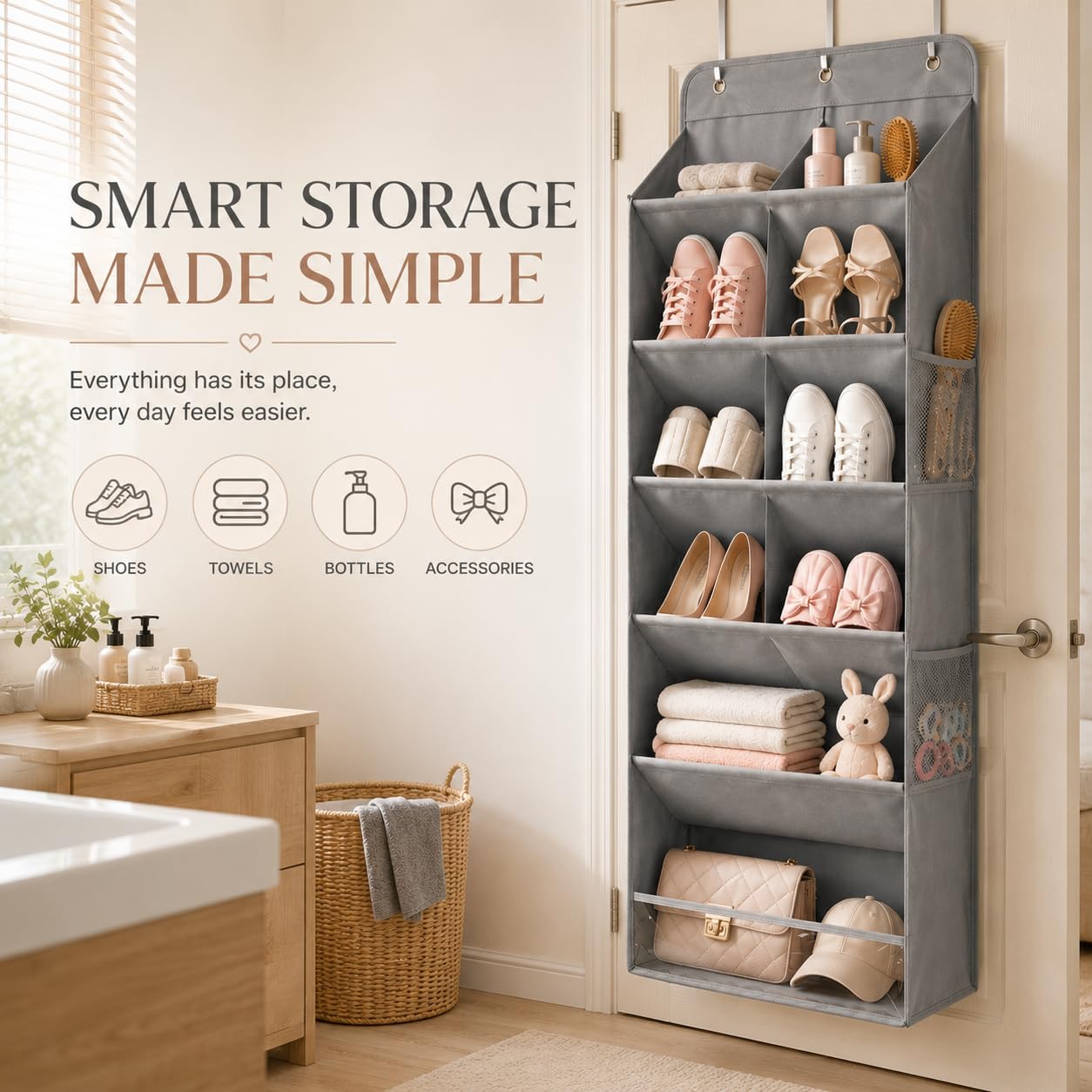 HOMELUX THEORY Hanging Shoe Organizer for Closet, 6 Tier Over the Door Shoe Organizer 120D Extra Thick with Deep Pockets, Shoe Rack for Closet & Entryway, with 4 Side Storage Pockets (Transparent)