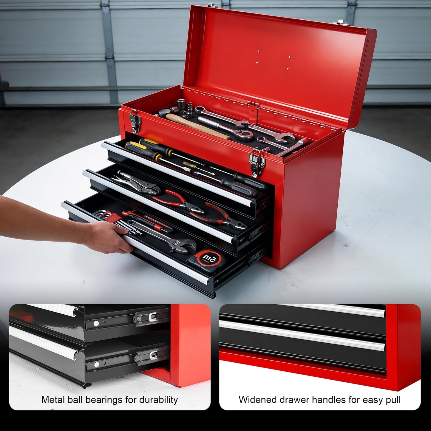 BIG RED Metal Tool Box, 20.5-inch, Portable Metal Tool Box with 4 Drawers, Small Tool Chest with EVA Liners, Ball Bearing Slide Drawers Locking & Powder Coated Finish, Multi-Function Tool Organizer
