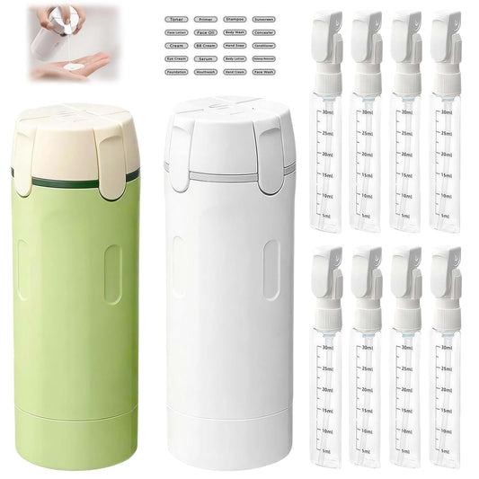 2 PCS 4 in 1 Travel Dispenser Bottle for Toiletries, Shampoo Lotion, Portable Refillable 4 in 1 Travel Bottle with Scale & Label, Leak Proof for Gym, Camping, Business Trips & Vacation (Green, White)