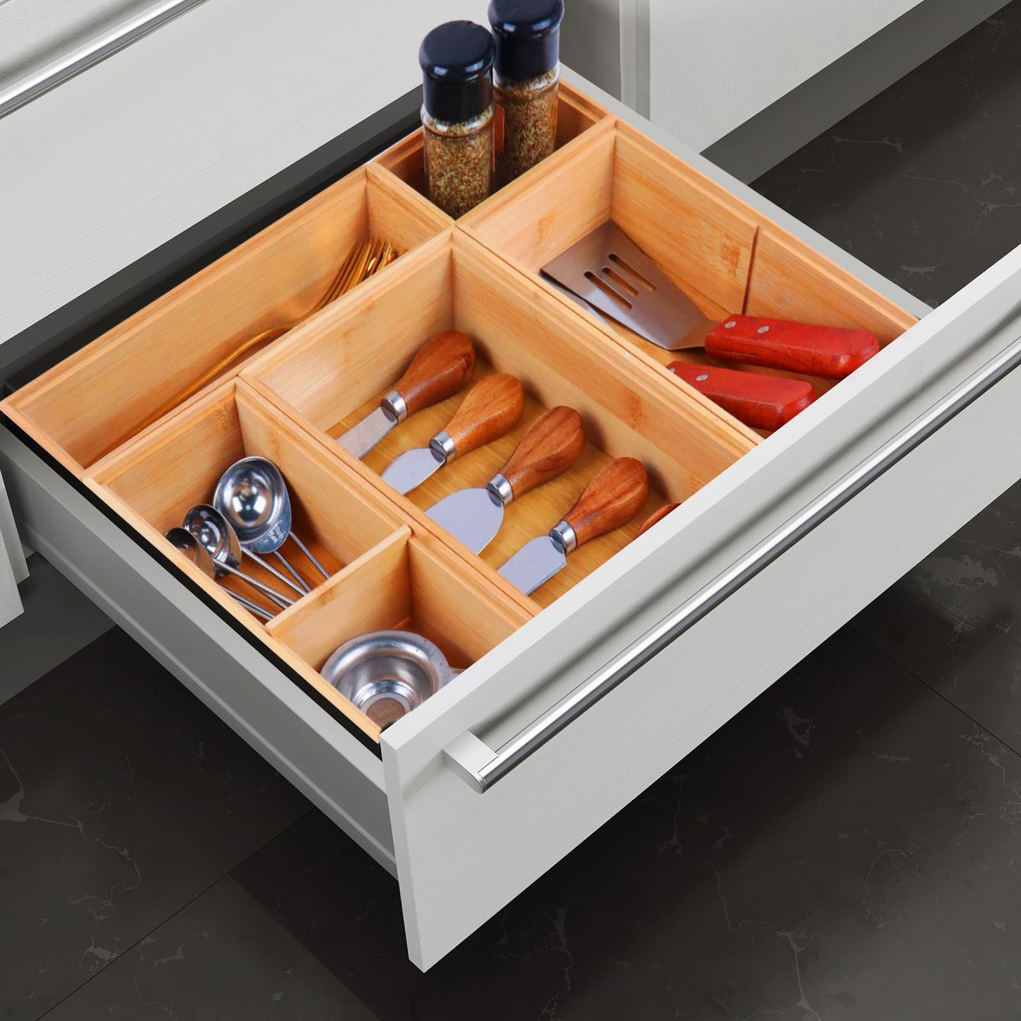 Bxngjuj Bamboo Drawer Organizer,5 PCS Silverware Organizer & Kitchen Organizers and Storage,Utensil Drawer Organizer With Removable Dividers for Kitchen,Utensils,Bathroom,Office,Makeup(Natural)