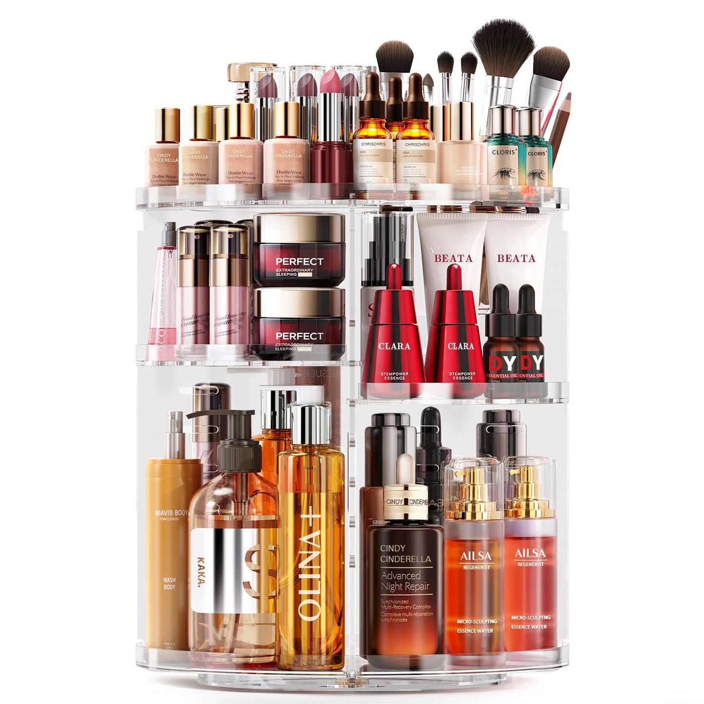 Auxmir Rotating Makeup Organizer, DIY 7 Adjustable Layers Spinning Skincare Organizer, Bathroom Organizer with Brush Holder Perfume Tray, Multi-Function Storage Carousel for Vanity Bathroom Countertop