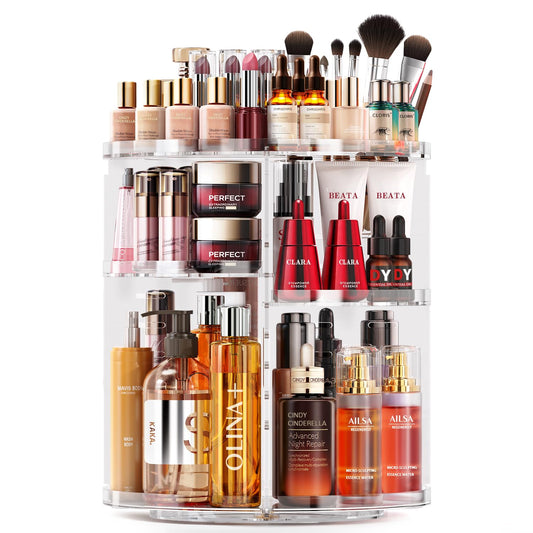 Auxmir Rotating Makeup Organizer, DIY 7 Adjustable Layers Spinning Skincare Organizer, Bathroom Organizer with Brush Holder Perfume Tray, Multi-Function Storage Carousel for Vanity Bathroom Countertop