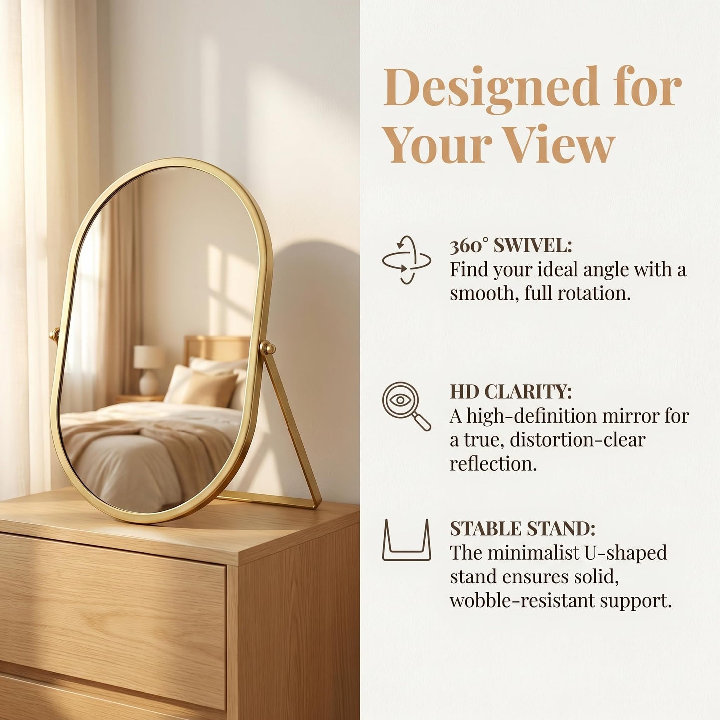yxyzylzrx Gold Oval Vanity Mirror, 360° Rotation 180° Tilt Adjustable Desktop Makeup Mirror with Metal Frame, Decorative Standing Mirror for Bedroom, Bathroom, Living Room