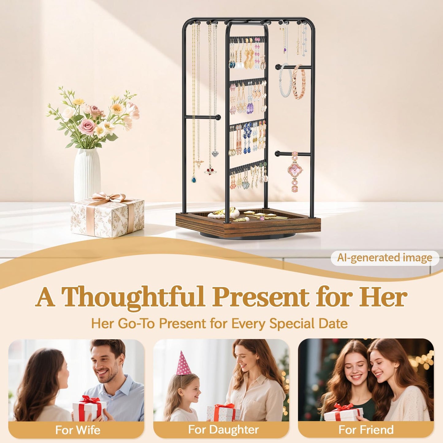MODOWEY Earring Necklace Holder Organizer Jewelry Stand, Wood Rotating Display Tree for Vendor Selling, Tiered Tower Rack for Pierced Stud Bracelet 90+ Pieces Storage, Easy Access for Women, Black