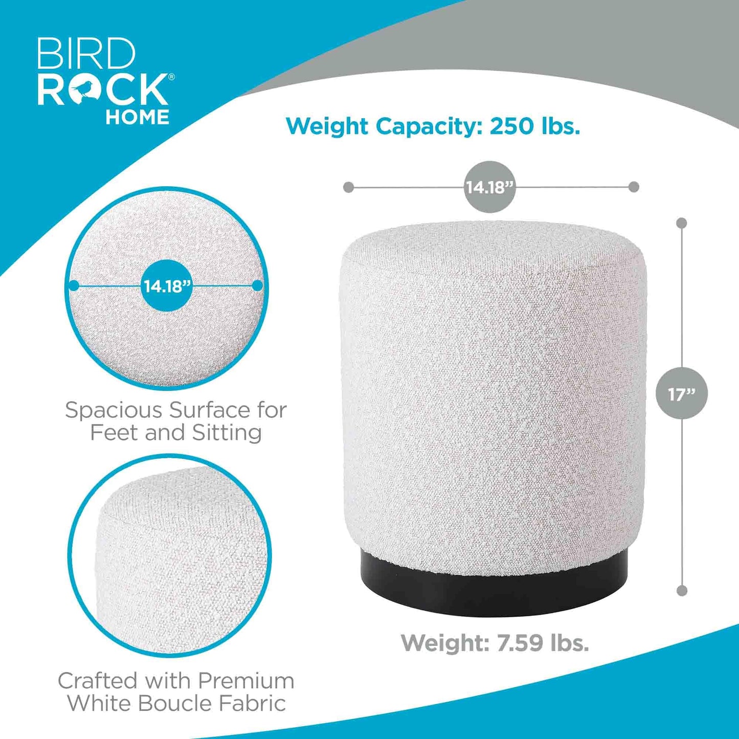 BIRDROCK HOME Round Boucle Ottoman Foot Stool | Soft Compact Padded Vanity Stool | Great for The Living Room, Bedroom and Kids Room | Small Furniture