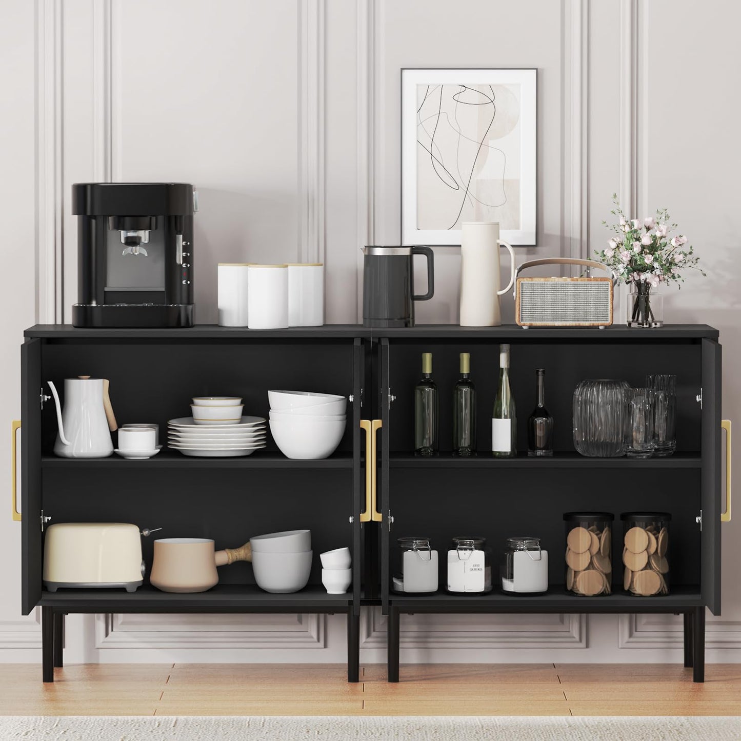 REHOOPEX Black Storage Cabinet with Doors, Modern Accent Cabinet, Free Standing Cabinet with Adjustable Shelf, Wooden Buffet Sideboards for Living Room, Kitchen, Dining Room, Entryway