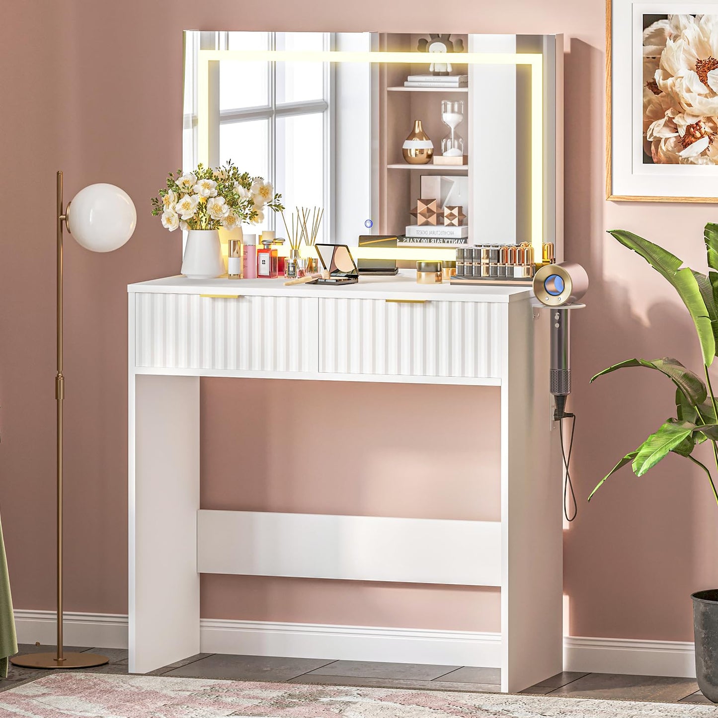 Garvee Fluted Vanity Desk with Large Mirror and Lights, Makeup Vanity with 2 Drawers, 3 Lighting Modes Adjustable Brightness, Make Up Table for Bedroom, White