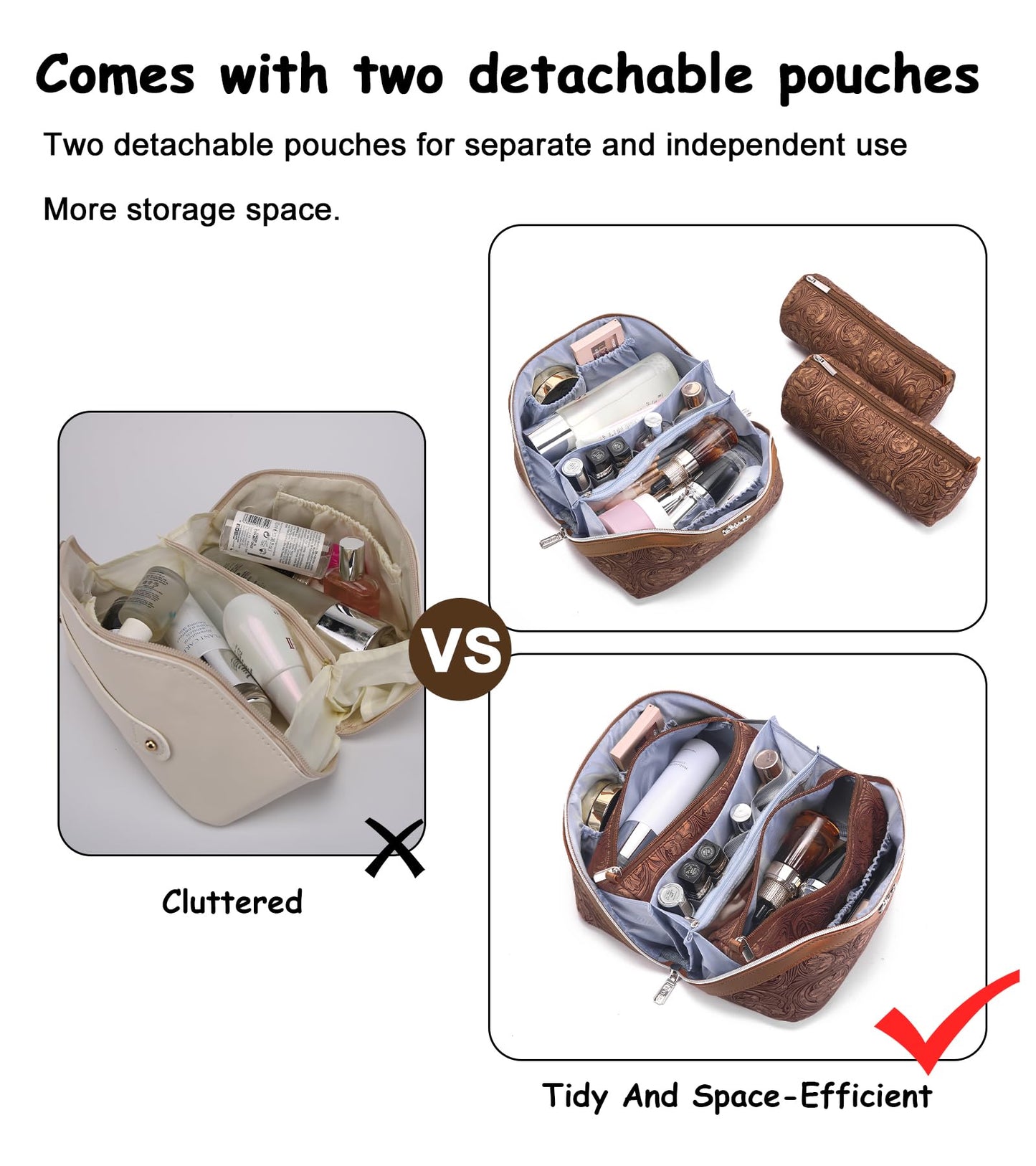 BOYATU Travel Makeup Bags Cosmetic Organizer Bag: 3 Pcs Set Large Capacity Floral Make up Bag with Compartments - Waterproof Leather Toiletry Bags with Handle for Women (19-Brown)