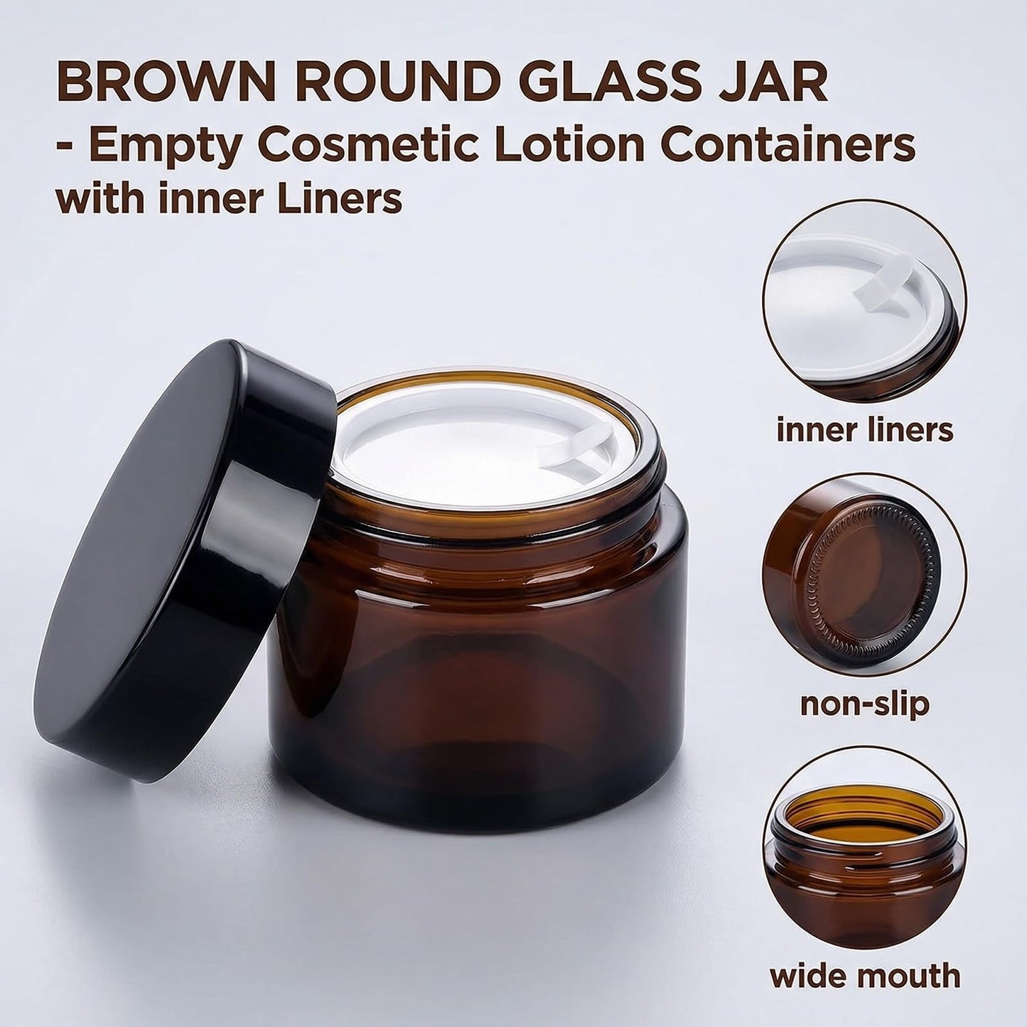 6PCS 10ml Amber Glass Jar Empty Refillable Cosmetic Container with Liners & Black Screw Lids for Face Cream Essential Oils Lotion Makeup