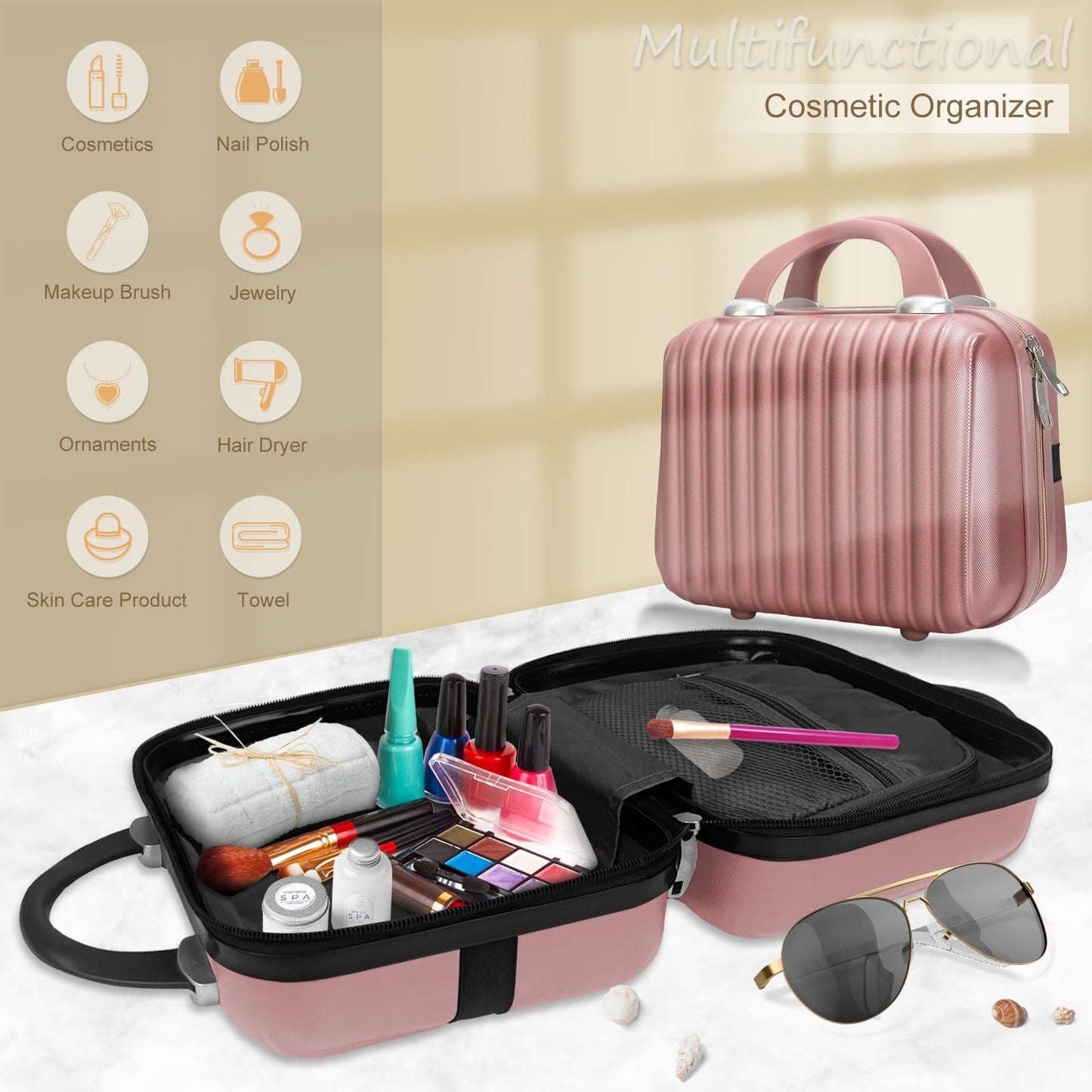 JZRTravel 11 inch Hard Shell Cosmetic Case Makeup Travel Case Organizer Bag Small Portable Make up Train Hand Luggage with Elastic Strap ABS Mini Suitcase Gifts for Her.