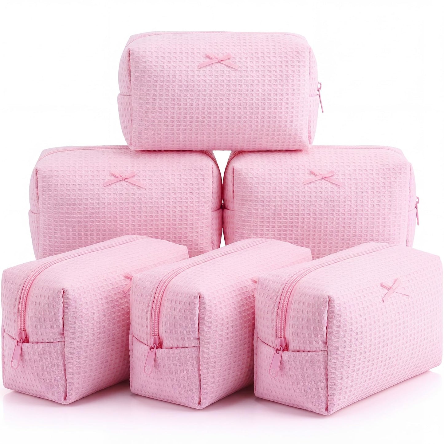 Gilprop 6 Pcs Makeup Bag Gifts for Women Cute Aesthetic Cozy Portable Travel Waffle Toiletry Bag Soft Wedding Cosmetic Organizer Summer Large Zipper Pouch with Zipper for Bridesmaid Friend(Pink)