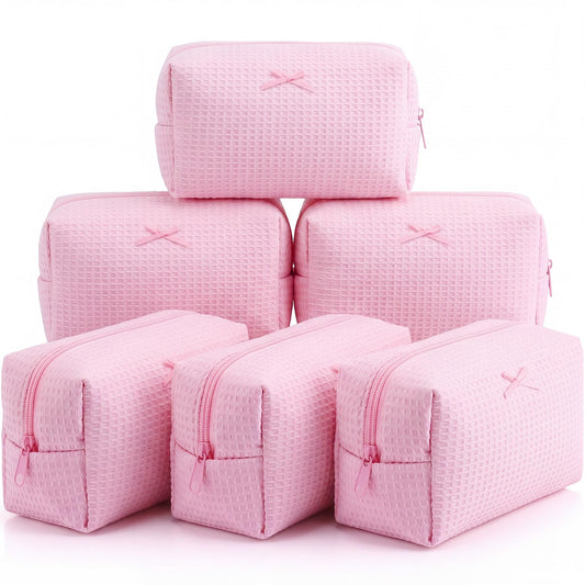 Gilprop 6 Pcs Makeup Bag Gifts for Women Cute Aesthetic Cozy Portable Travel Waffle Toiletry Bag Soft Wedding Cosmetic Organizer Summer Large Zipper Pouch with Zipper for Bridesmaid Friend(Pink)