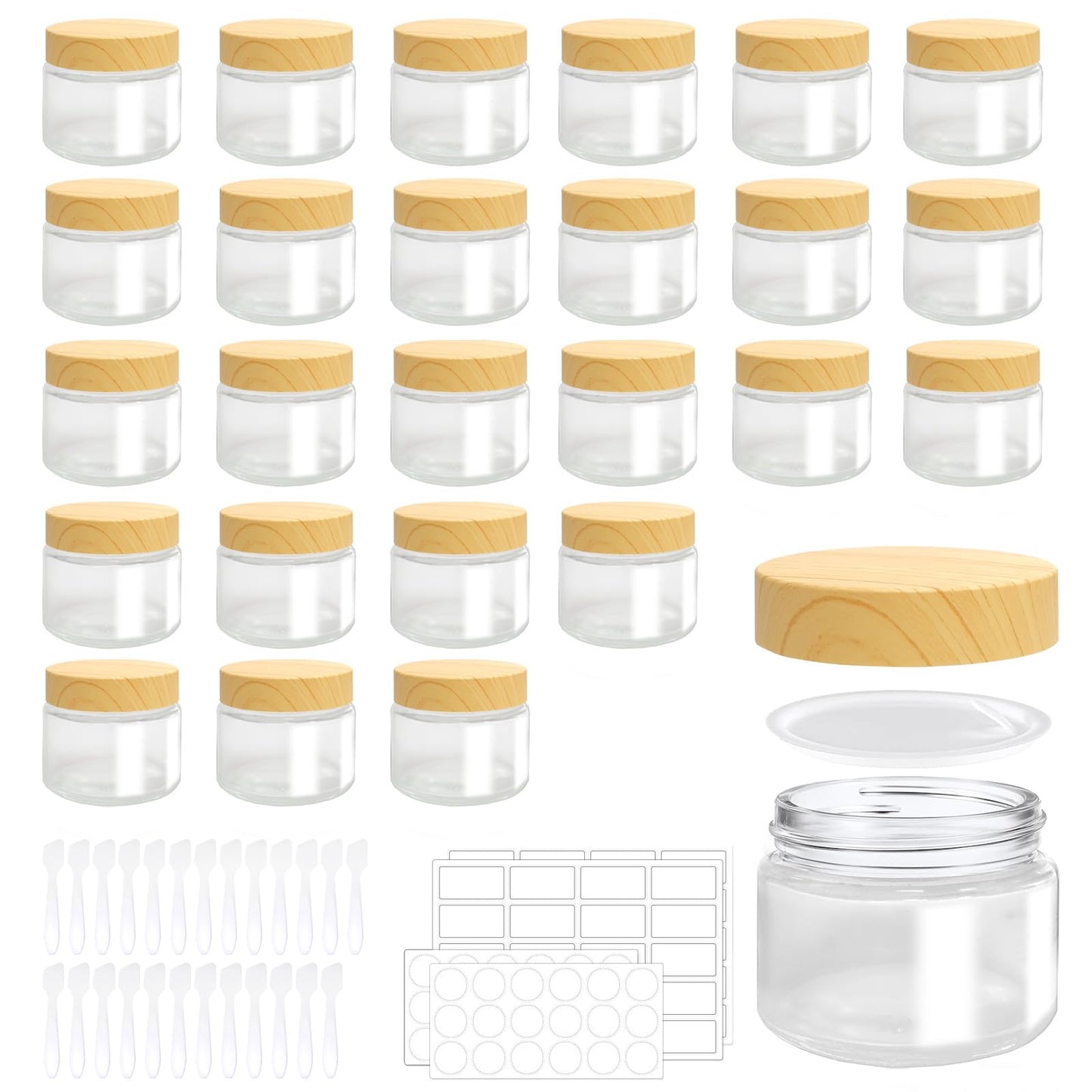 LECEHIVO 25 Pcs Glass Jars with Plastic Woodgrain Lids and Inner Liners 2 oz Clear Cosmetic Containers Empty Round Small Containers for Making Creams Lotions Powder Ointments Candle