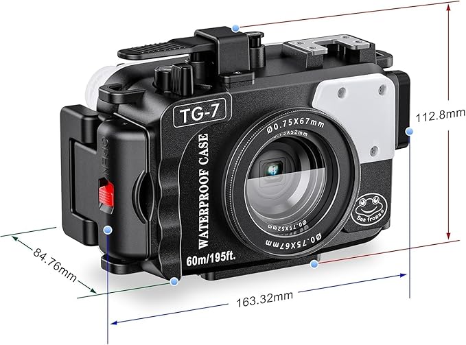 Sea frogs Camera Housing Compatible with Olympus TG7, with Red Filter and Signal Lamp, Waterproof IPX8 Rated, 60m/197ft Depth Protection Underwater Camera Case, Black