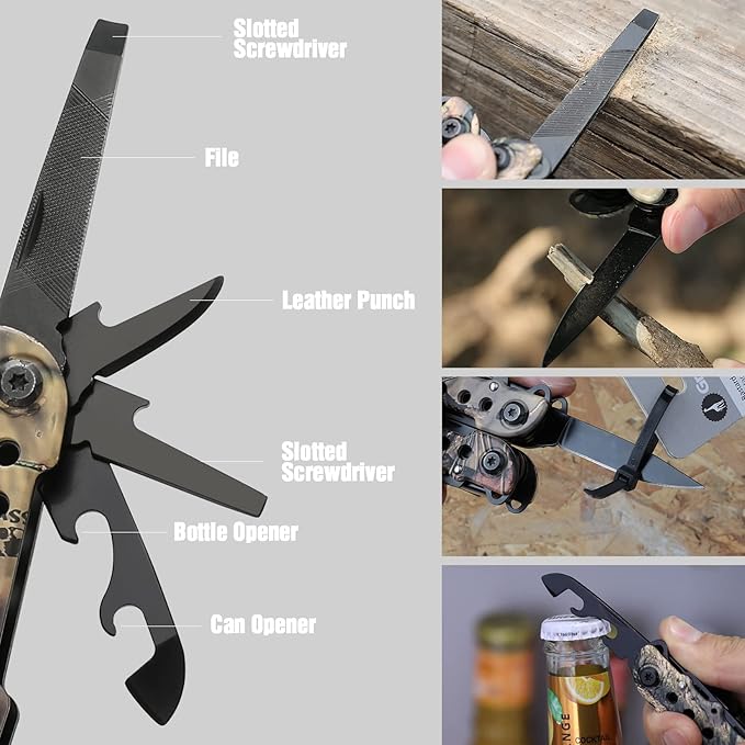 MOSSY OAK Multitool, 13-in-1 Folding Multi Tool Plier with Nylon Sheath, Stainless Steel Camo EDC Tool, Portable Pocket Knife for Camping, Survival, Hunting, Hiking, Outdoor & Christmas Gifts for Men