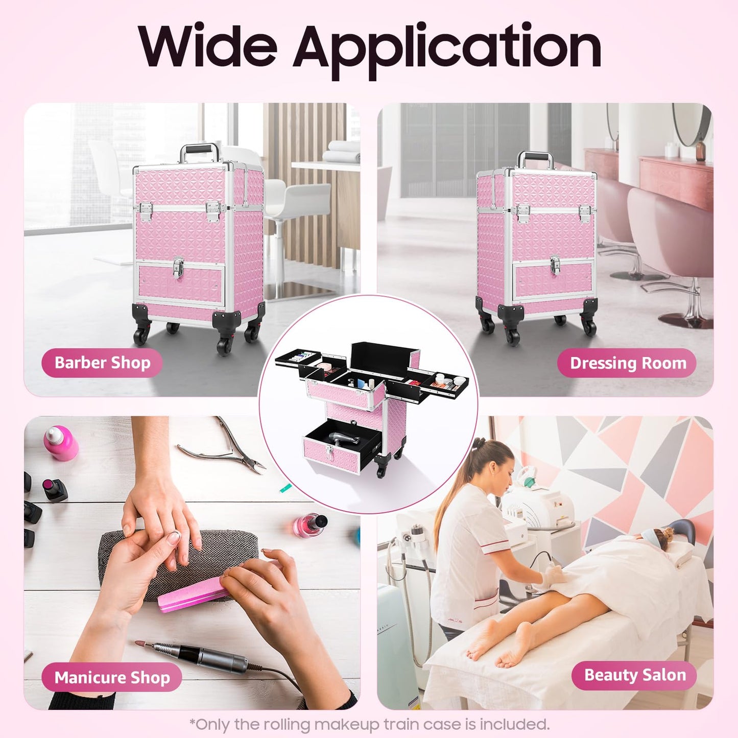 eaizybuk Makeup Train Case, Rolling Aluminum Makeup Case, 4 Detachable Wheels& 2 Keys, Professional Cosmetology Case Suitcase on Wheels, Lockable Beauty Storage Hair Stylists Travel Bag,Pink