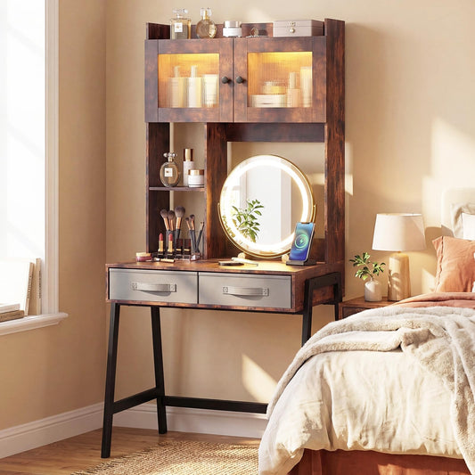 CHARMAID 67'' Tall Vanity Desk with LED Mirror, RGB Lighted Cabinet, Charging Station, Storage Shelves & Fabric Drawers, Metal Frame, Makeup Vanity Table with Hutch for Bedroom (Rustic Brown & Black)