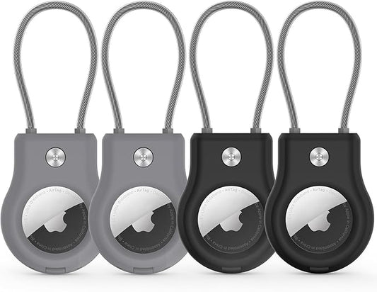 AirTag Keychain Holder - (4 Pack) Airtag Lock Case with Wire Cable Compatible with Apple AirTags,Ultra Durable Anti-Lost Protective Case with Keyring for Luggage, Key, Backpack, Pet, Bag Black/Grey