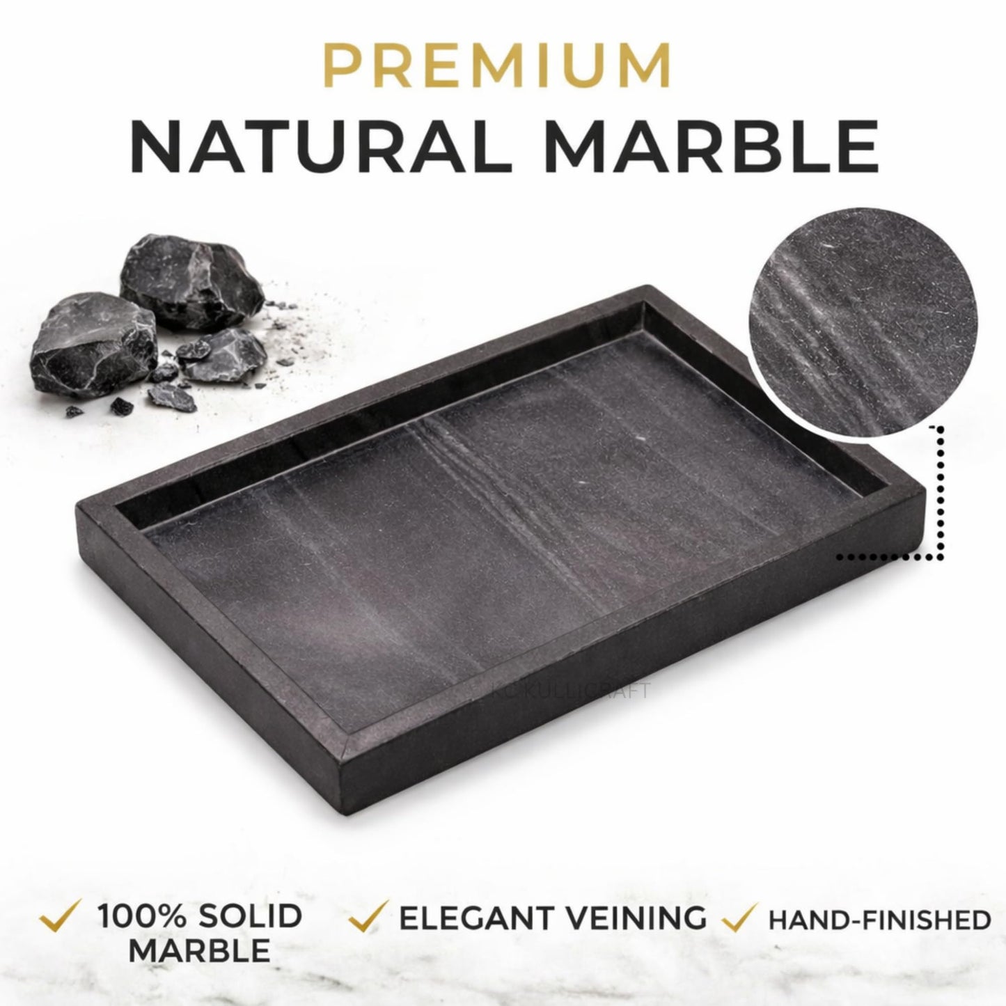 KC KULLICRAFT Natural Marble Tray for Bathroom Black Finish | Kitchen | Vanity | Desktop, Stone Organizer for Coffee Table, Dresser, Nightstand, Soap, Towel, Plant, Jewelry (12" x 8"), Rectangular