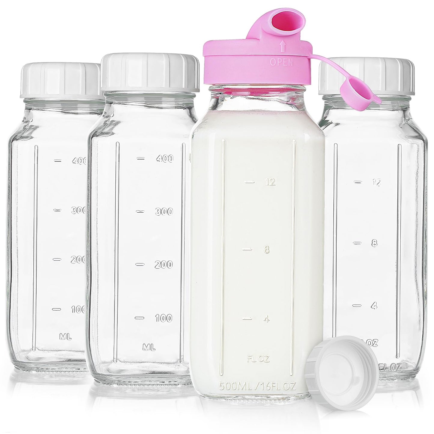 Sovietiep 4 Pack 16 Oz Square Glass Milk Bottle with A Silicone Dispenser Cap, Glass Juice Bottles with Airtight Screw Lid, Reusable Drinking Bottles with Capacity Marks, Breastmilk Storage Container