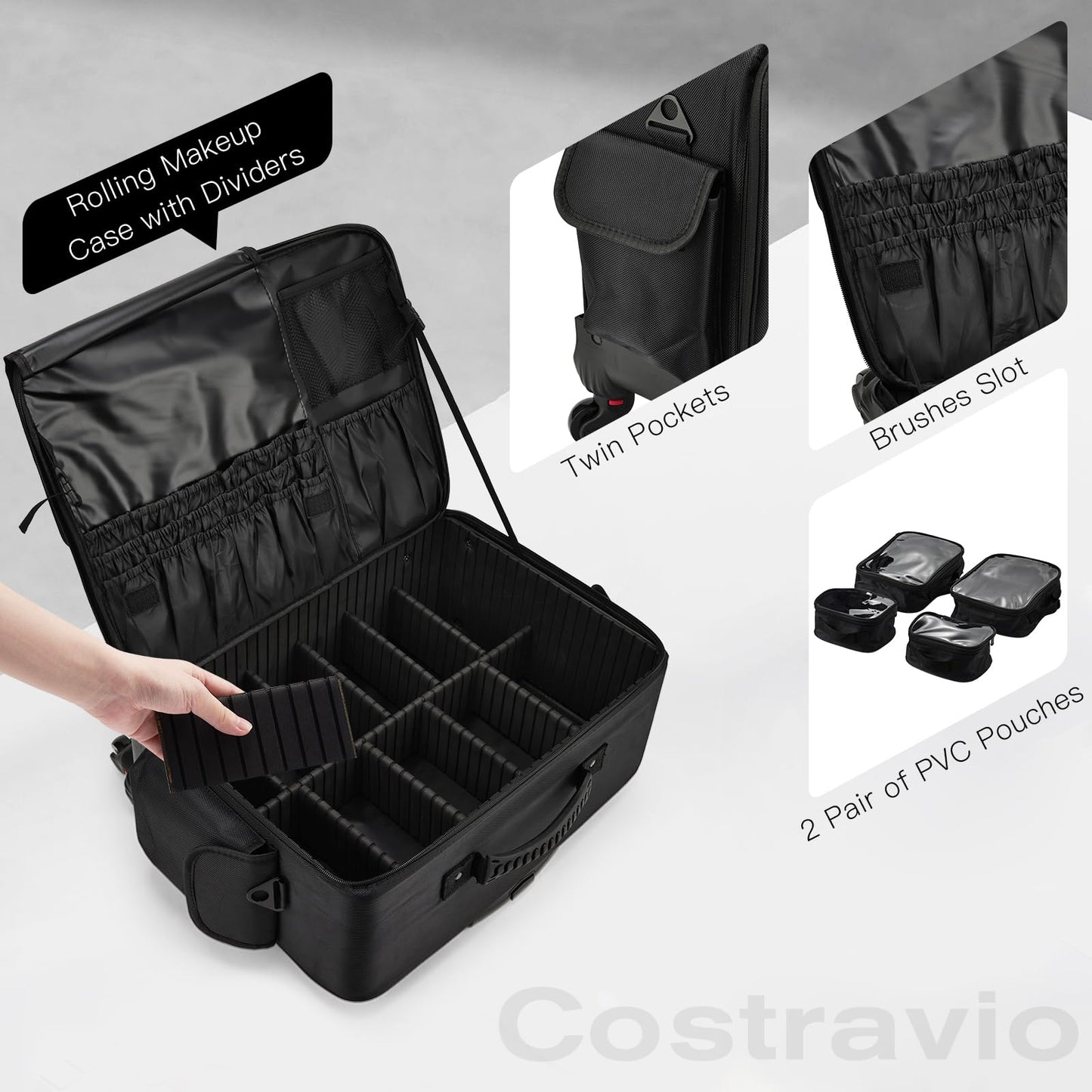 Rolling Makeup Case Cosmetology Case on Wheels Extra Large Cosmetic Artist Bag Portable TravelCase for Hairstylists Nail Tech Traveling Professional Make Up Train Suitcase Carts Trolley, Black
