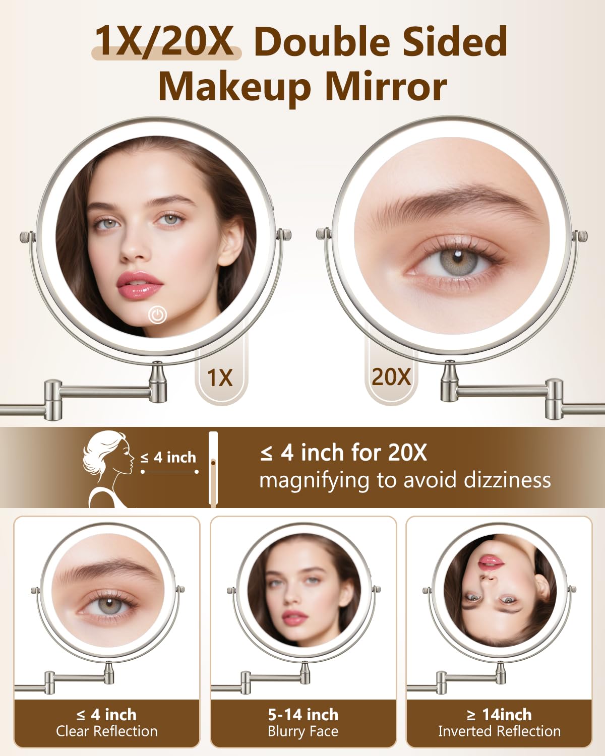 DECLUTTR 9" Wall Mounted Lighted Makeup Mirror, Rechargeable 1X/20X Magnifying Mirror with Light Double Sided, Touch Dimmable 3 Color Light, 360 Rotation Vanity Mirror