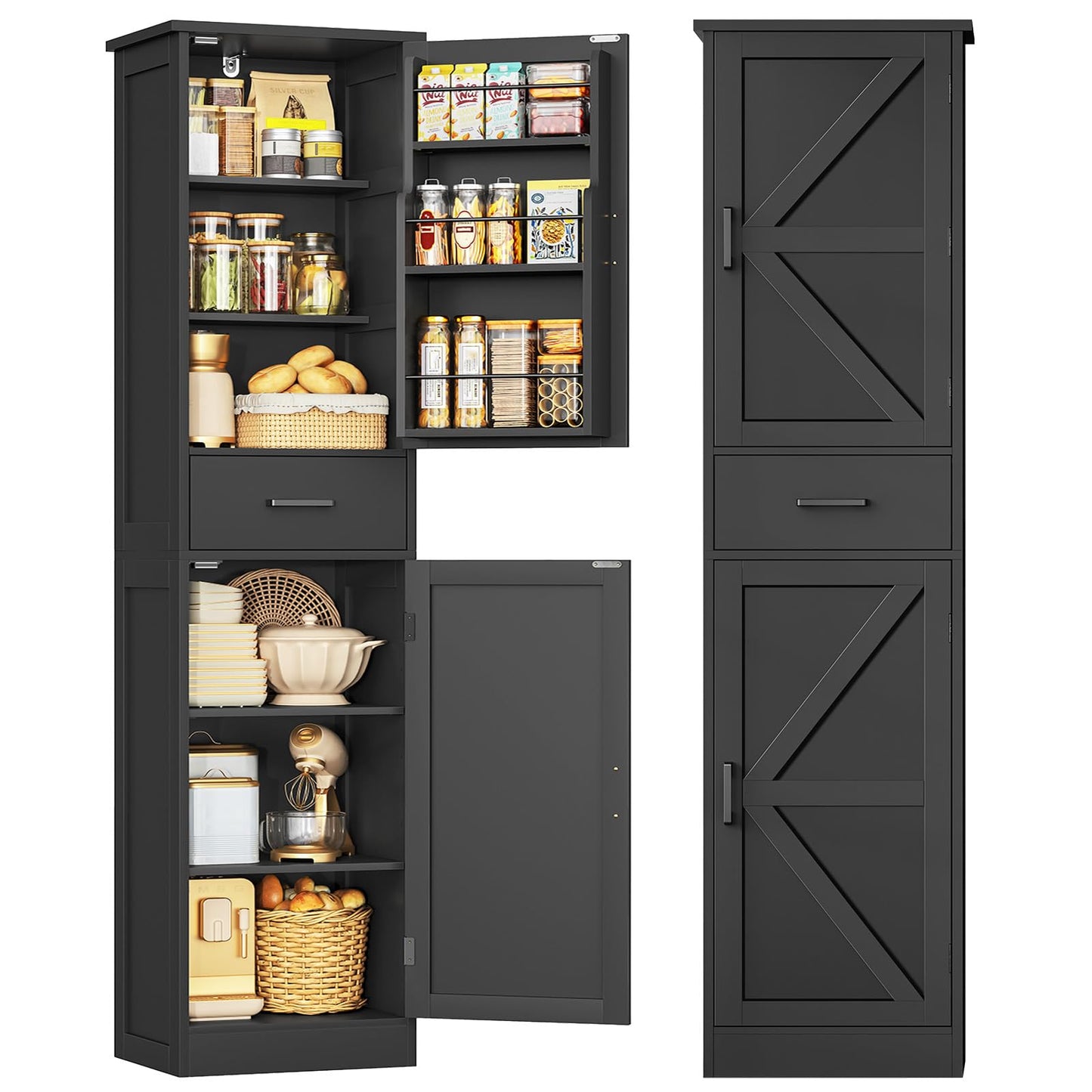 TEENFON Tall Storage Cabinet with 3 Door Shelves & 1 Drawer, Narrow Kitchen Pantry Cabinet for Living Room, Bathroom, Entryway, Black