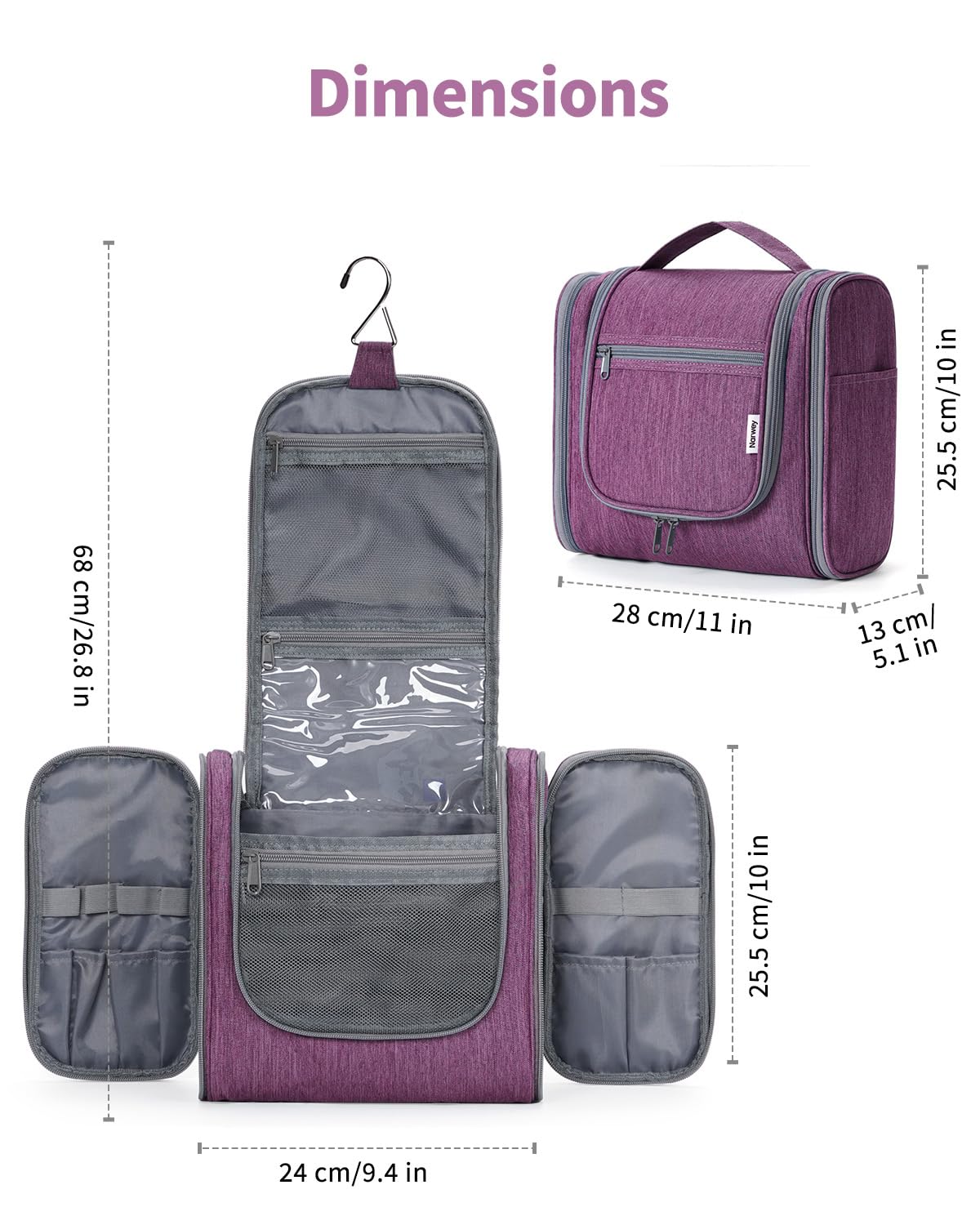Hanging Toiletry Bag for Women Travel Makeup Bag Organizer Toiletries Bag for Cosmetics Essentials Accessories (Large, Dark Purple)
