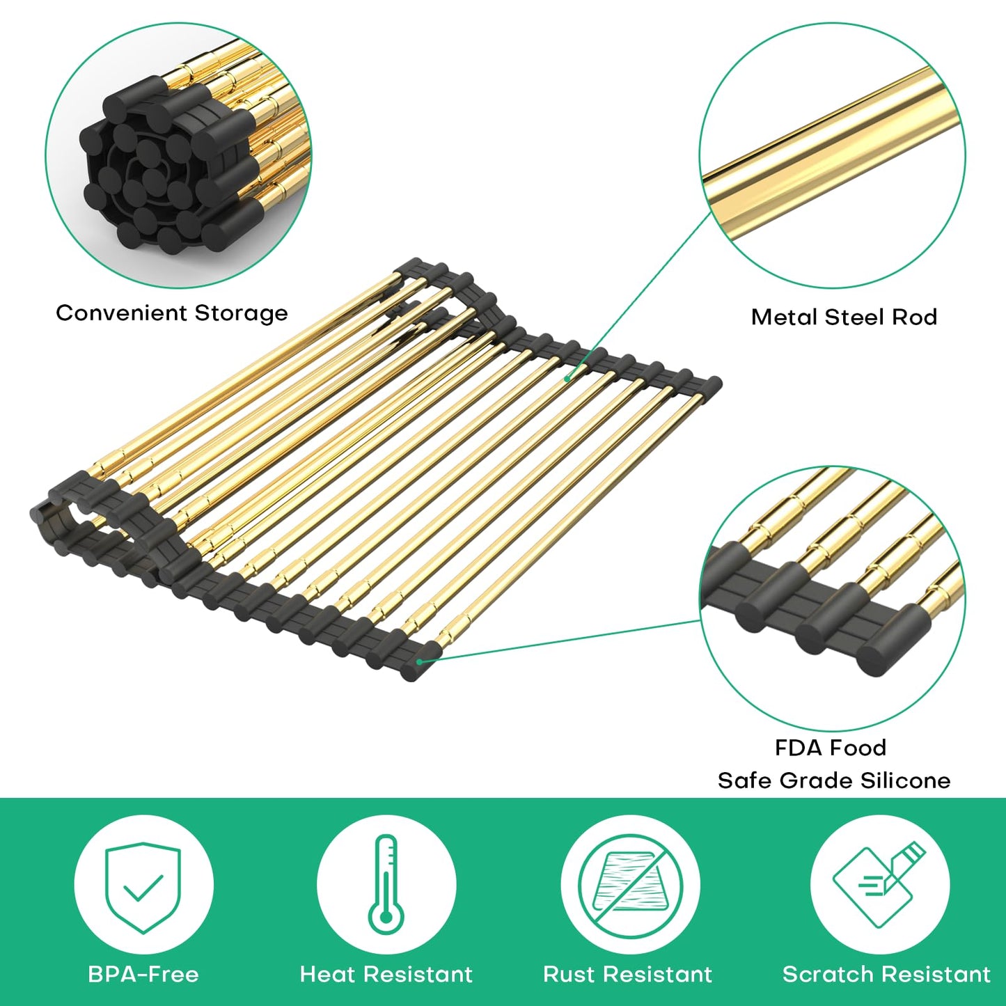 ARAINY Large Telescopic Draining Rack, Gold Roll Up Heat-Resistant Dish Drainer for Stainless Steel Sinks, Non-Slip Silicone Rolling Dish Drainer Roll Rack 18 tube12.59-21.25x12.79''