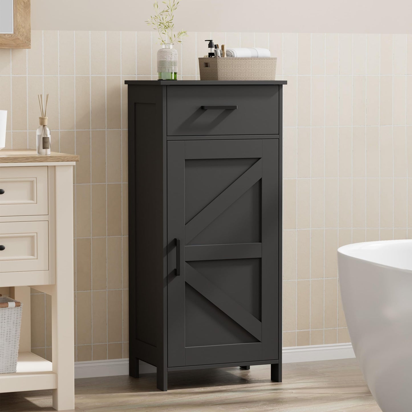 Homhedy Bathroom Storage Cabinet with Drawer, Bathroom Organizers and Storage, Adjustable Shelf, Floor Cabinet for Living Room, Entryway, Kitchen, Black, (15.7" W)
