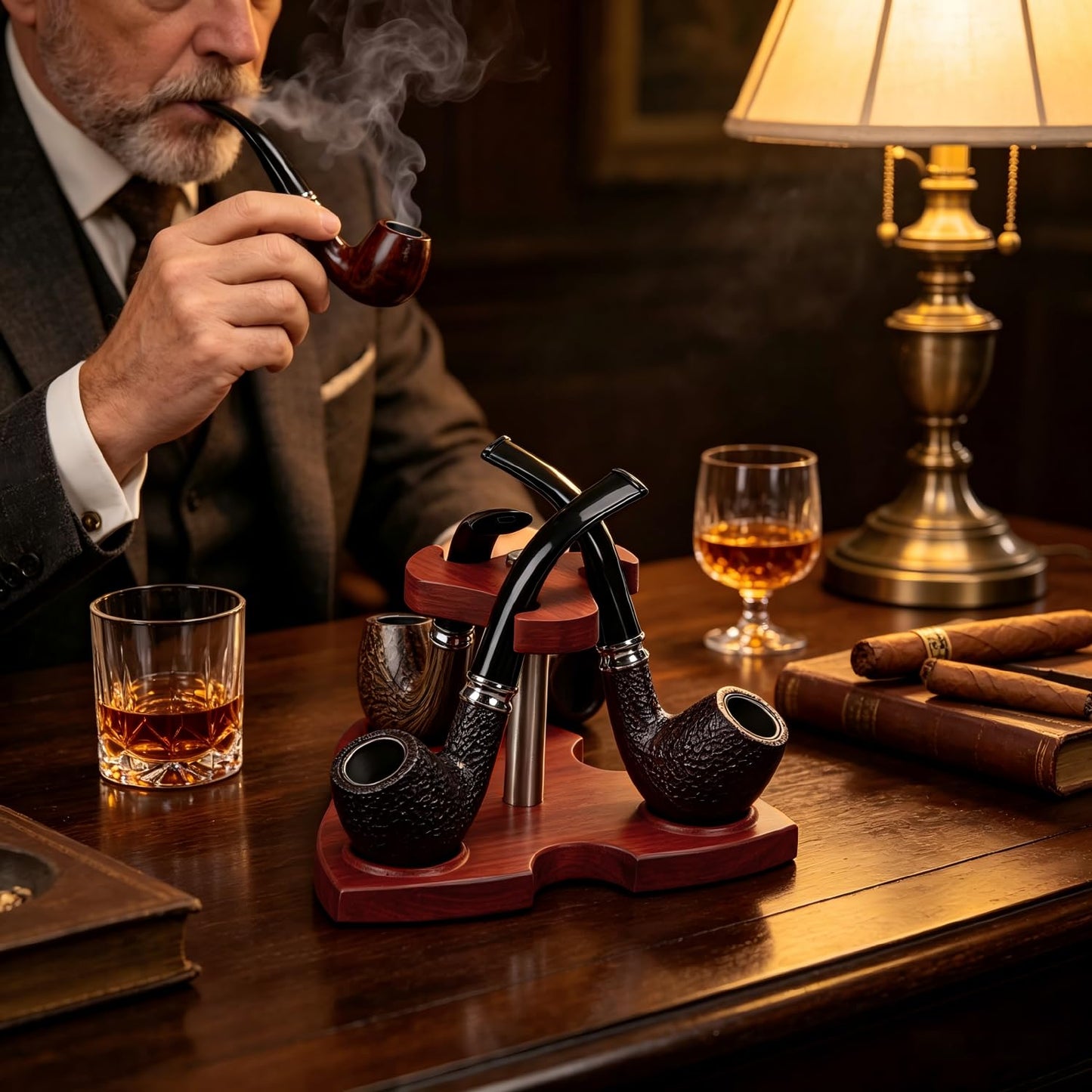 Solid Natural Rosewood Tobacco Smoking Pipe Stand Holder for 3 Pipes, 3 Slots Embossed Circular Slot, Non-Slip Rubber Feet, Easy Tool-Free Assembly, Ergonomic Shape Tabletop Display Rack for Pipe Smoker Collector Storage